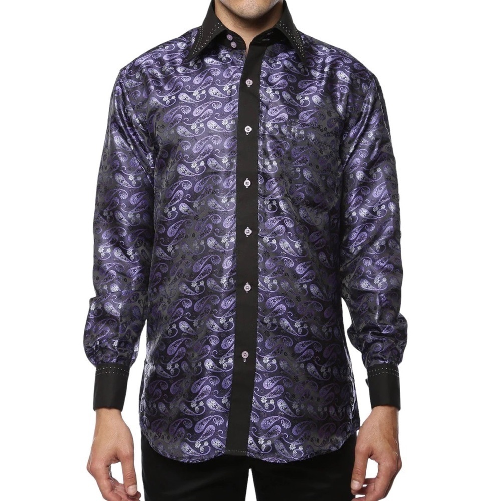 FERRECCI Men’s Satine Hi-1013 Purple & Black Flower Button Down Dress Sh…